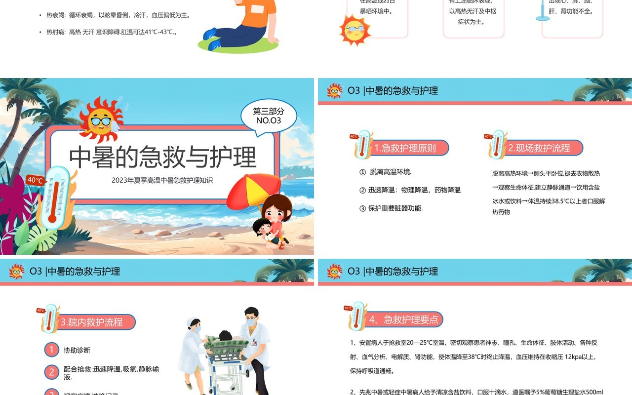 蓝色卡通风中暑急救护理培训PPT模板