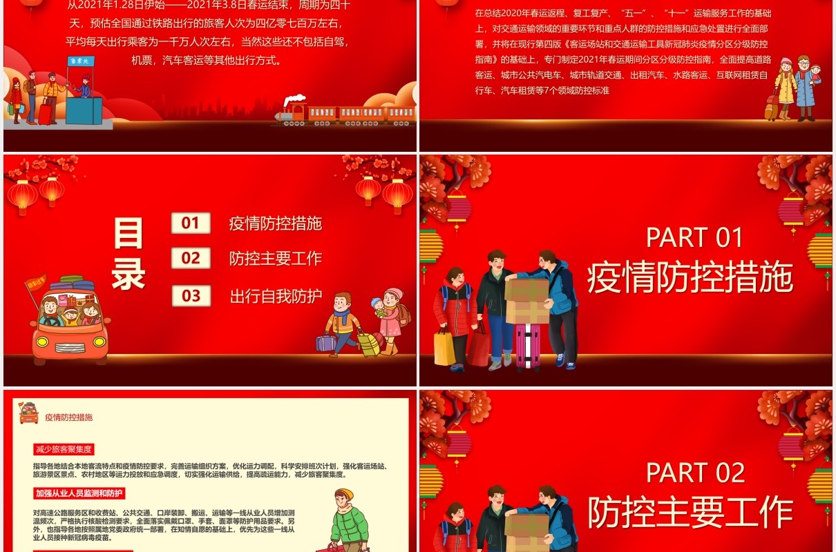 红色卡通风春运期间错峰出行疫情防控工作PPT模板