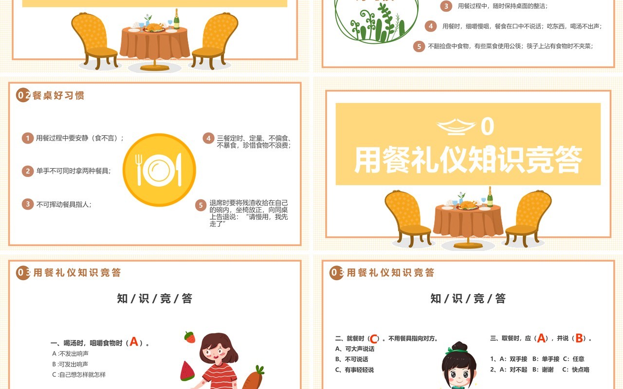 卡通风小学生餐桌礼仪主题班会PPT模板