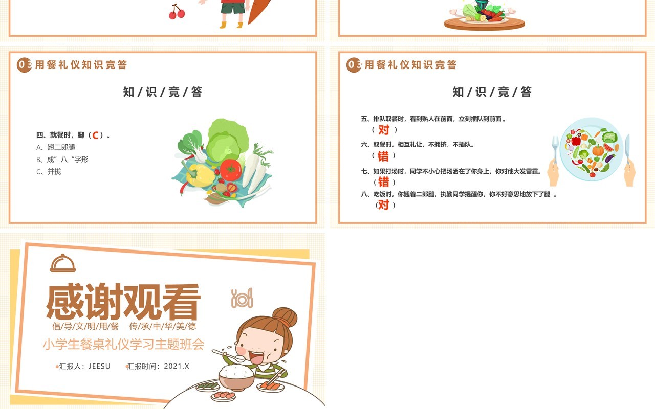卡通风小学生餐桌礼仪主题班会PPT模板