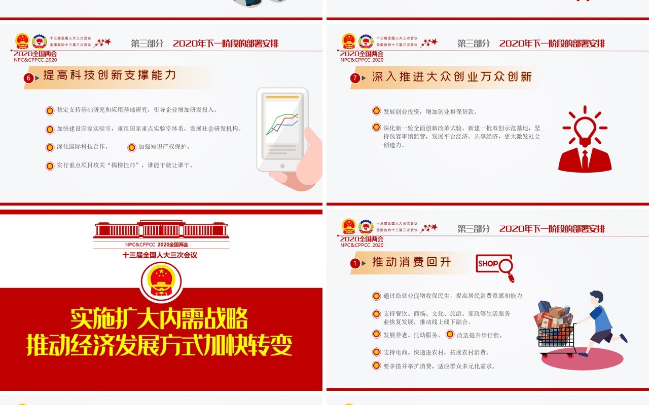 红色主题聚焦学习2020年全国两会政府工作报告党建PPT模板