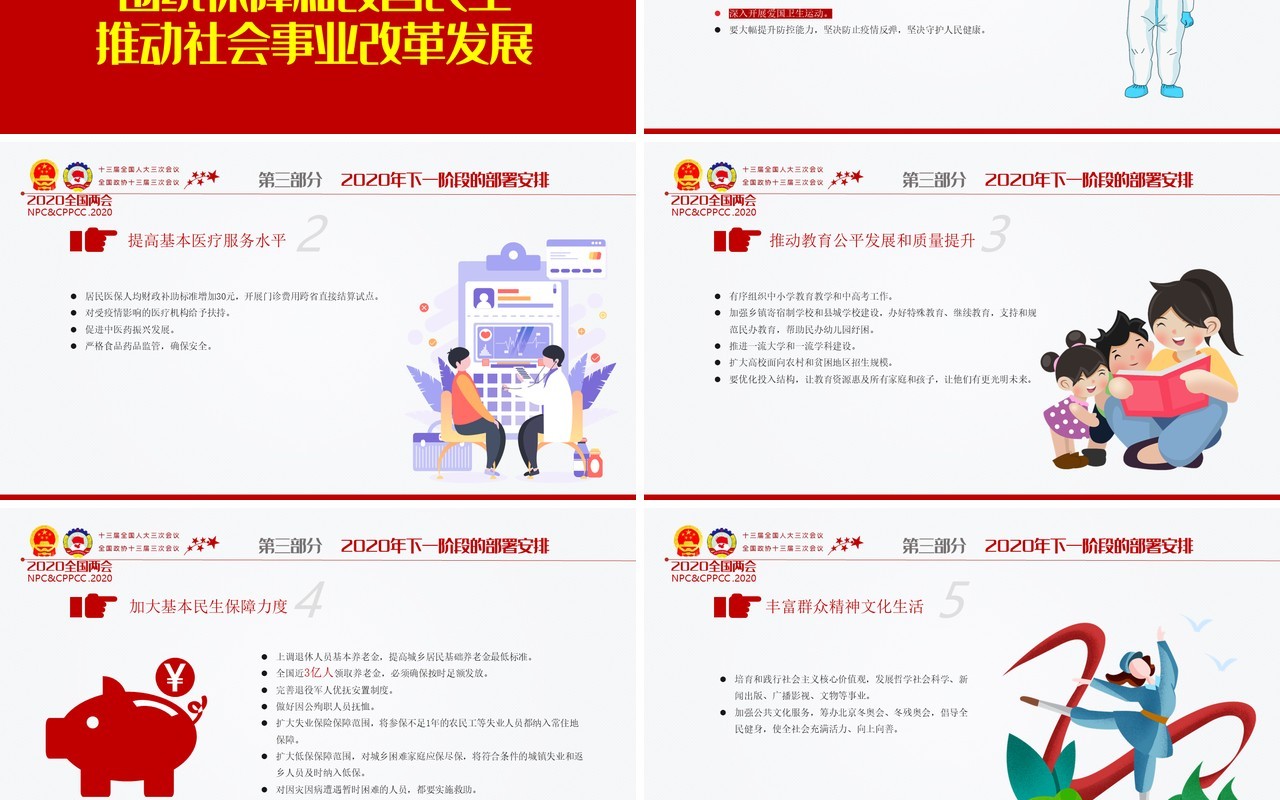红色主题聚焦学习2020年全国两会政府工作报告党建PPT模板