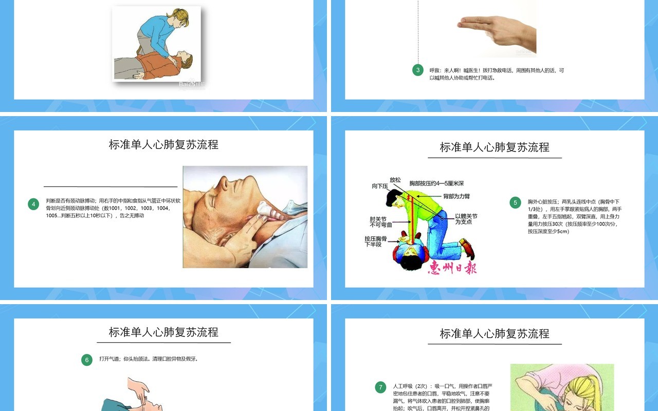 蓝色简约医疗健康心脏骤停心肺复苏急救知识培训PPT模板