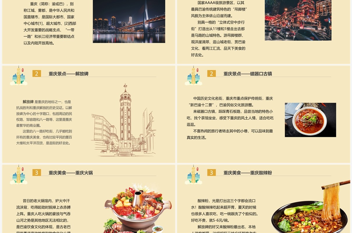 黄色简约重庆风景美食介绍PPT模板