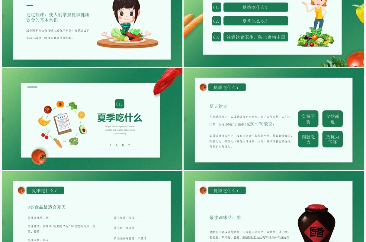 绿色卡通风夏季健康饮食知识介绍PPT模板