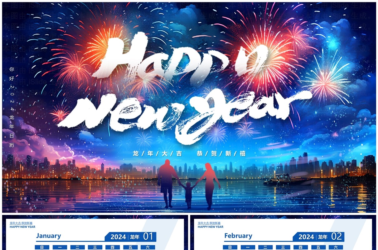 蓝色插画风2024新年日历PPT模板