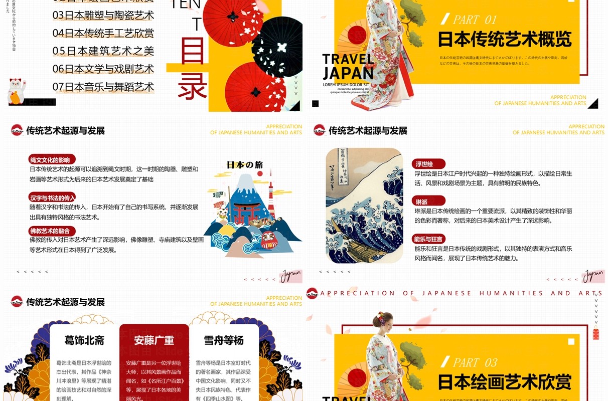 黄色简约风日本人文艺术欣赏介绍PPT模板