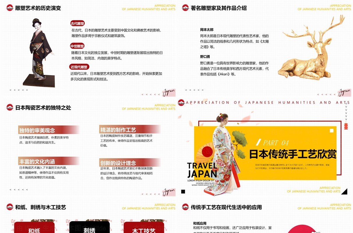 黄色简约风日本人文艺术欣赏介绍PPT模板