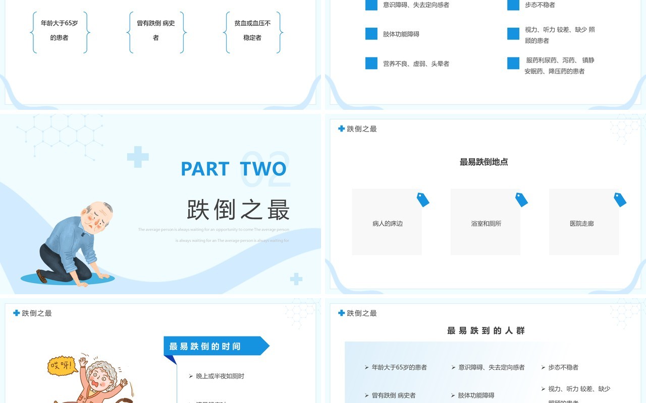 蓝色简约卡通风跌倒坠床健康宣教PPT模板
