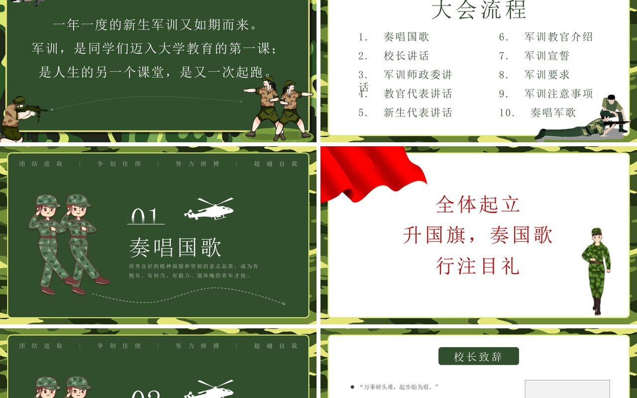 绿色简约卡通风军训动员大会PPT模板