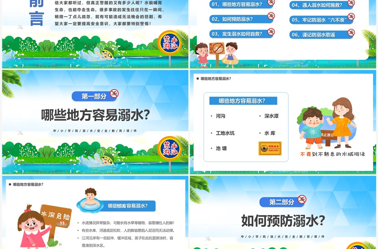 蓝色卡通风预防溺水“六不准”PPT模板