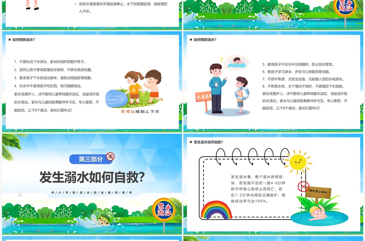 蓝色卡通风预防溺水“六不准”PPT模板