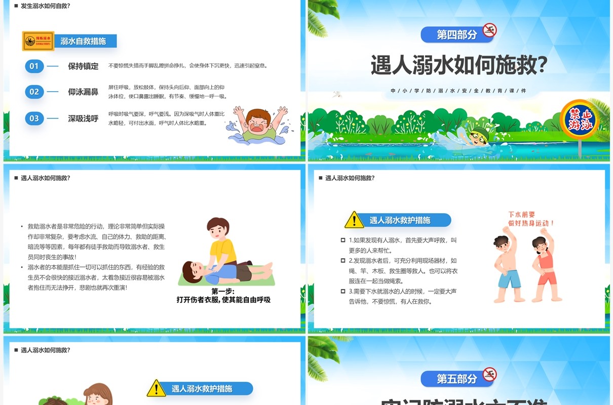 蓝色卡通风预防溺水“六不准”PPT模板