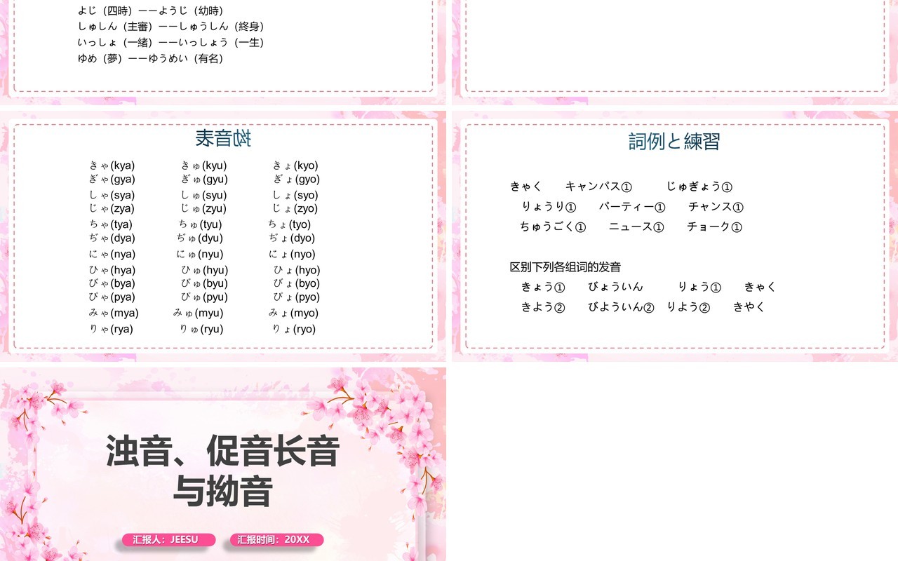 粉色清新日语教学浊音促音长音与拗音PPT模板