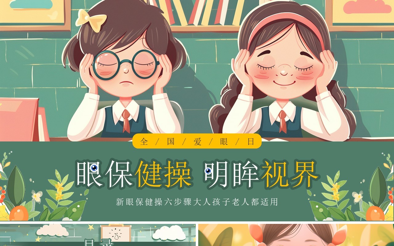 绿色插画风眼保健操明眸世界全国爱眼日PPT模板