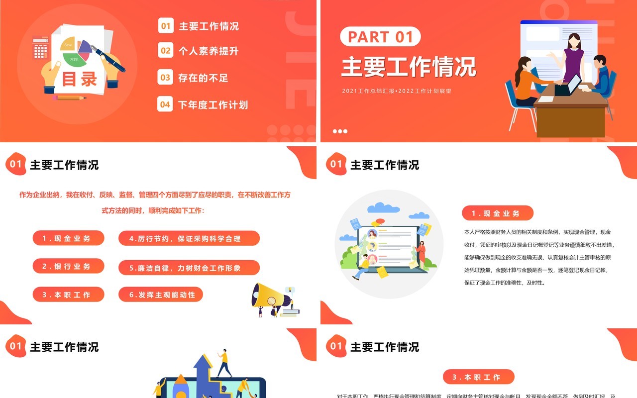 橙色扁平化出纳年终总结PPT动态模板