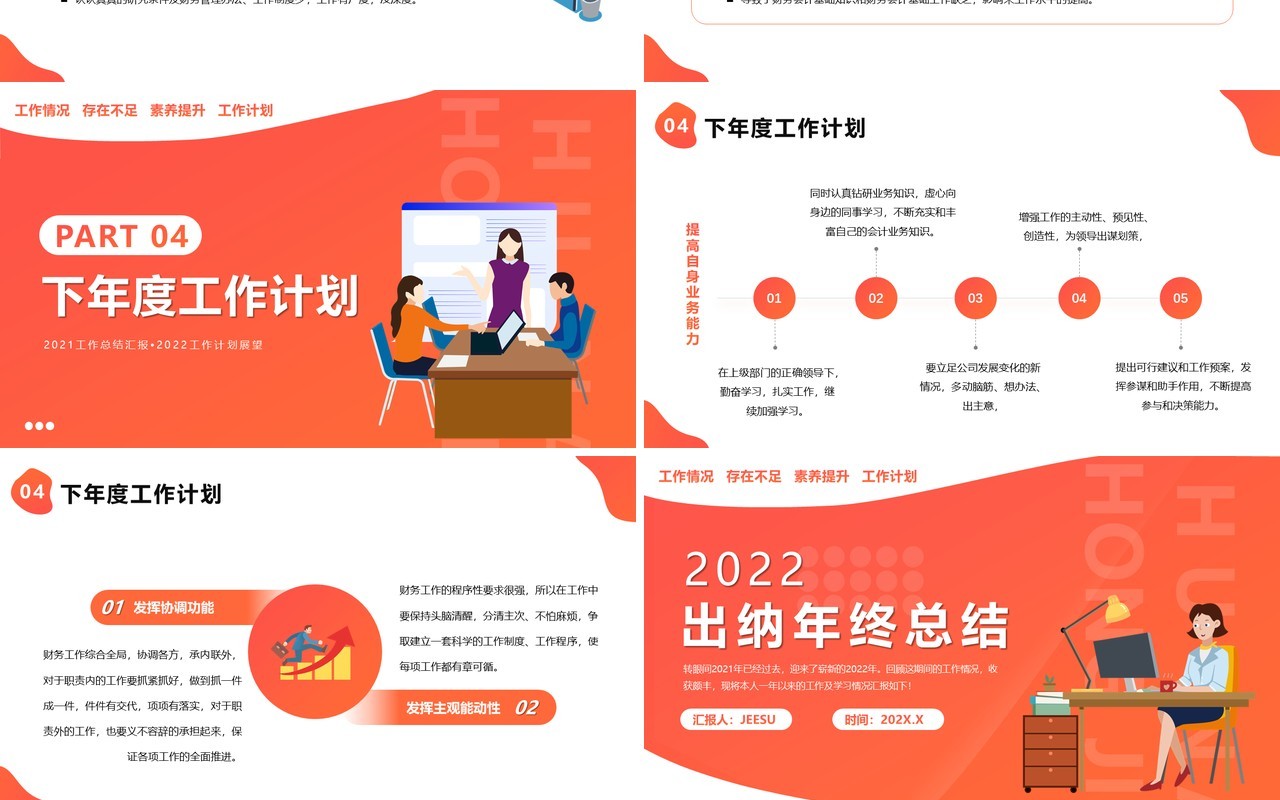 橙色扁平化出纳年终总结PPT动态模板