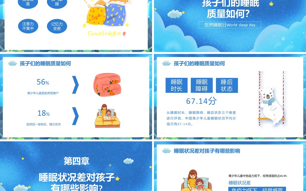 卡通世界睡眠日节日介绍PPT模板