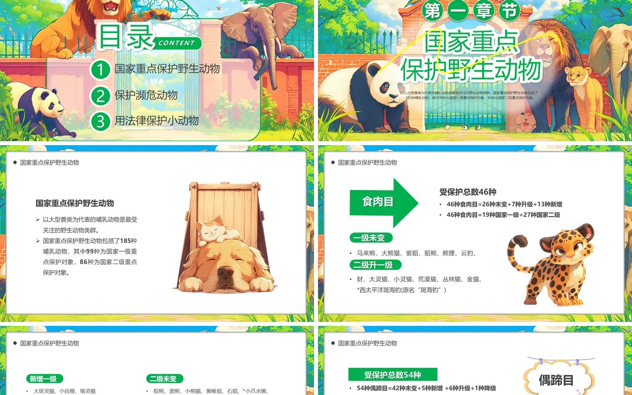 绿色插画风世界动物日保护动物PPT模板