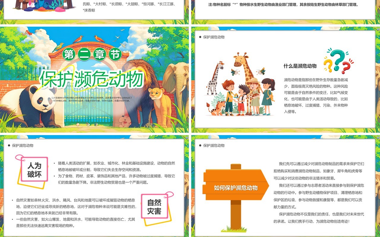 绿色插画风世界动物日保护动物PPT模板