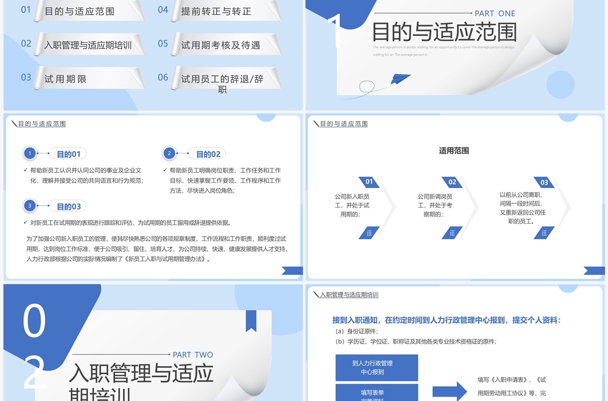 蓝色简约新员工入职与试用期管理办法PPT模板