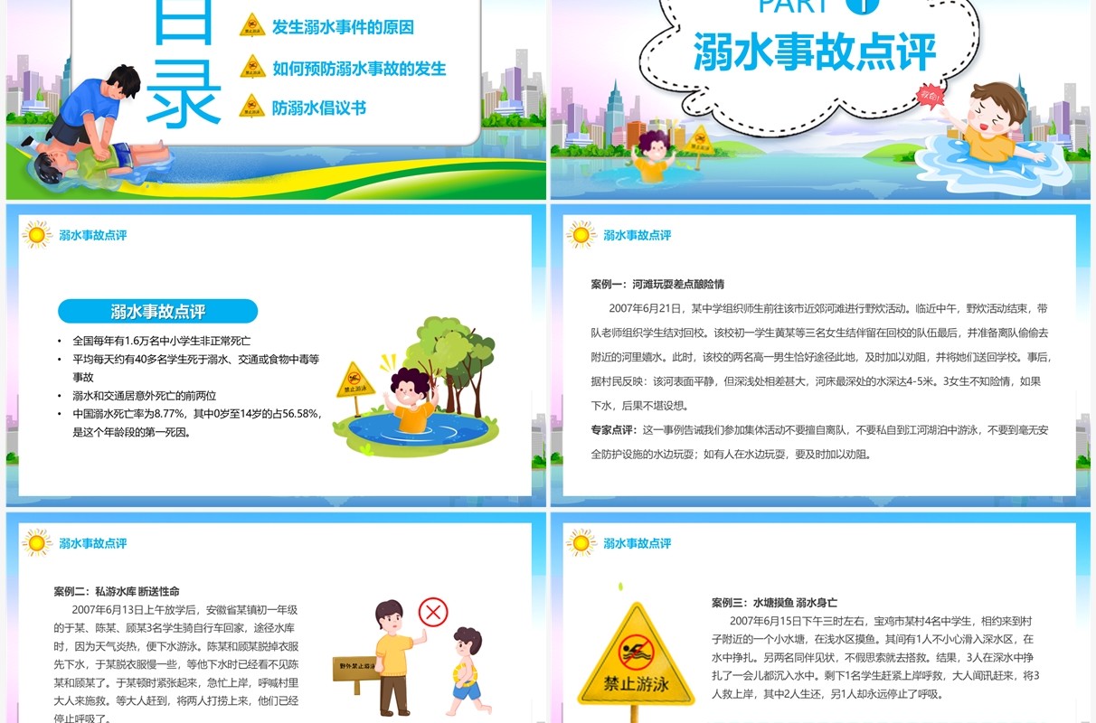 蓝色卡通风预防溺水人人有责PPT模板