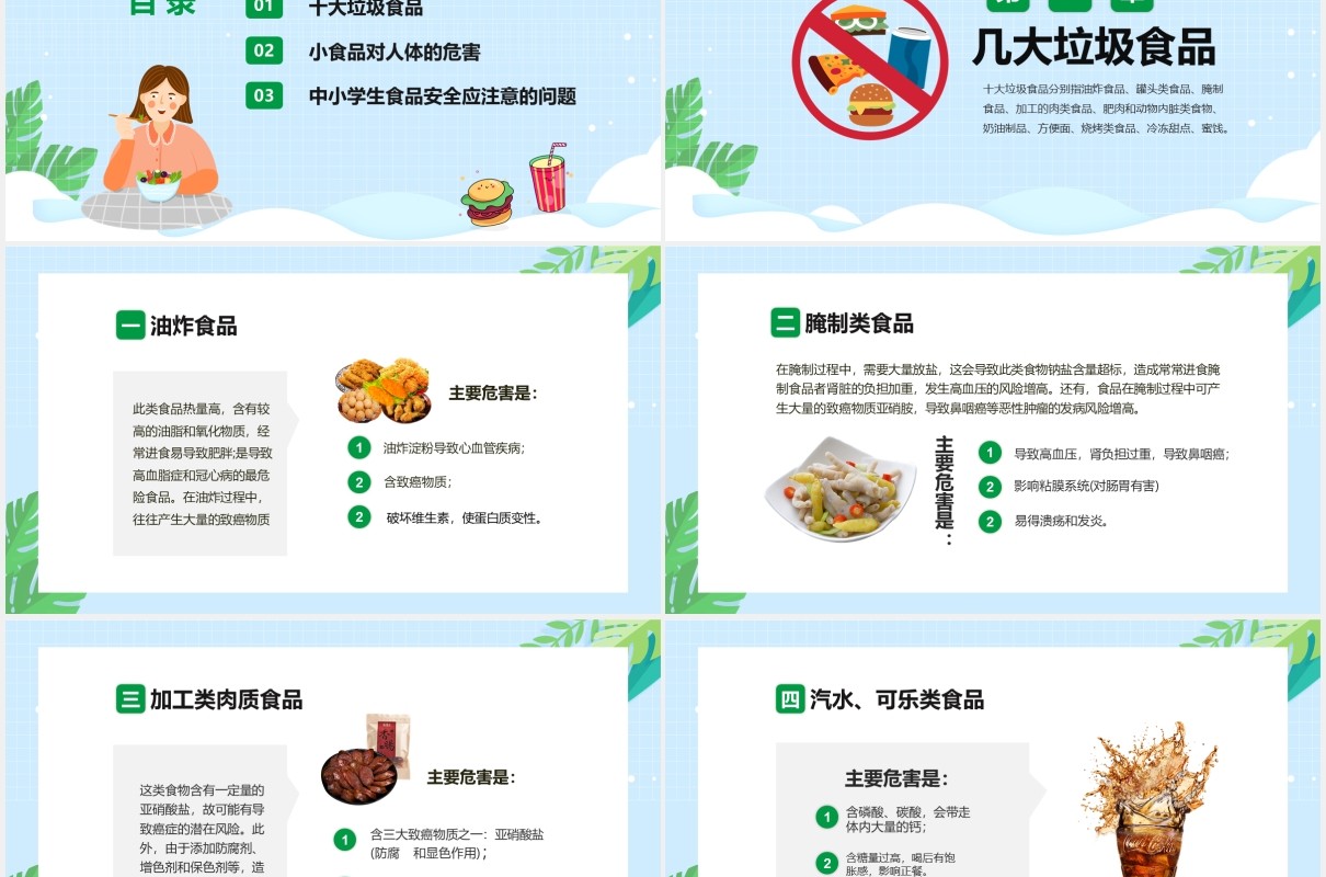 绿色卡通食品安全关注青少年健康PPT模板