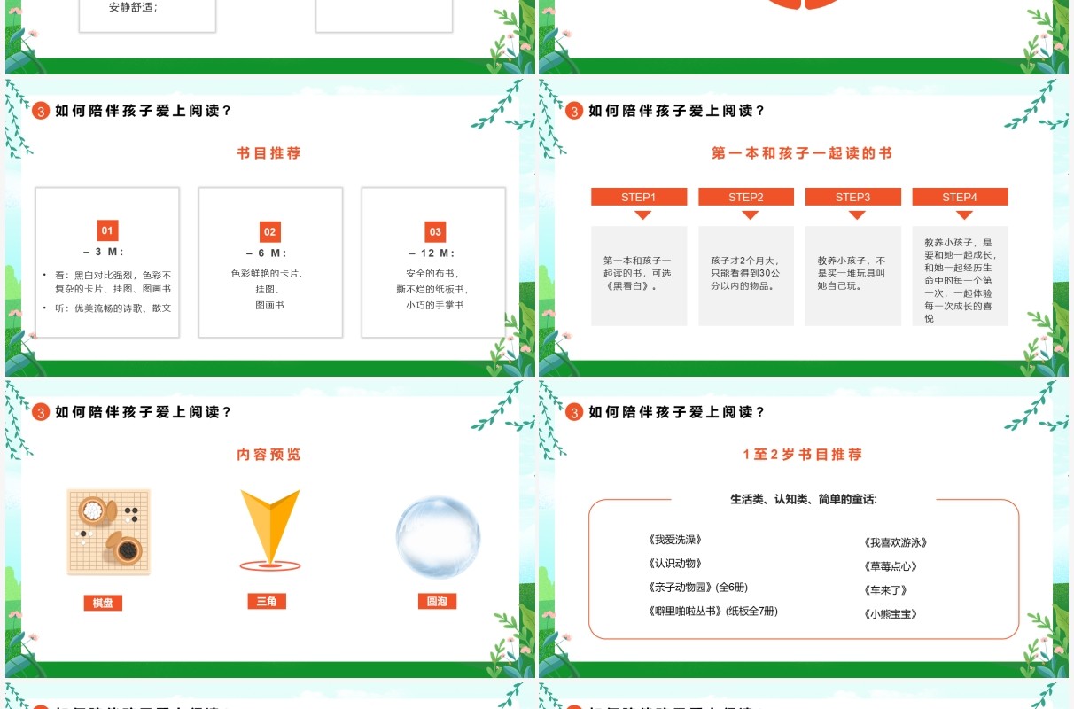 绿色卡通风亲子阅读教育PPT动态模板