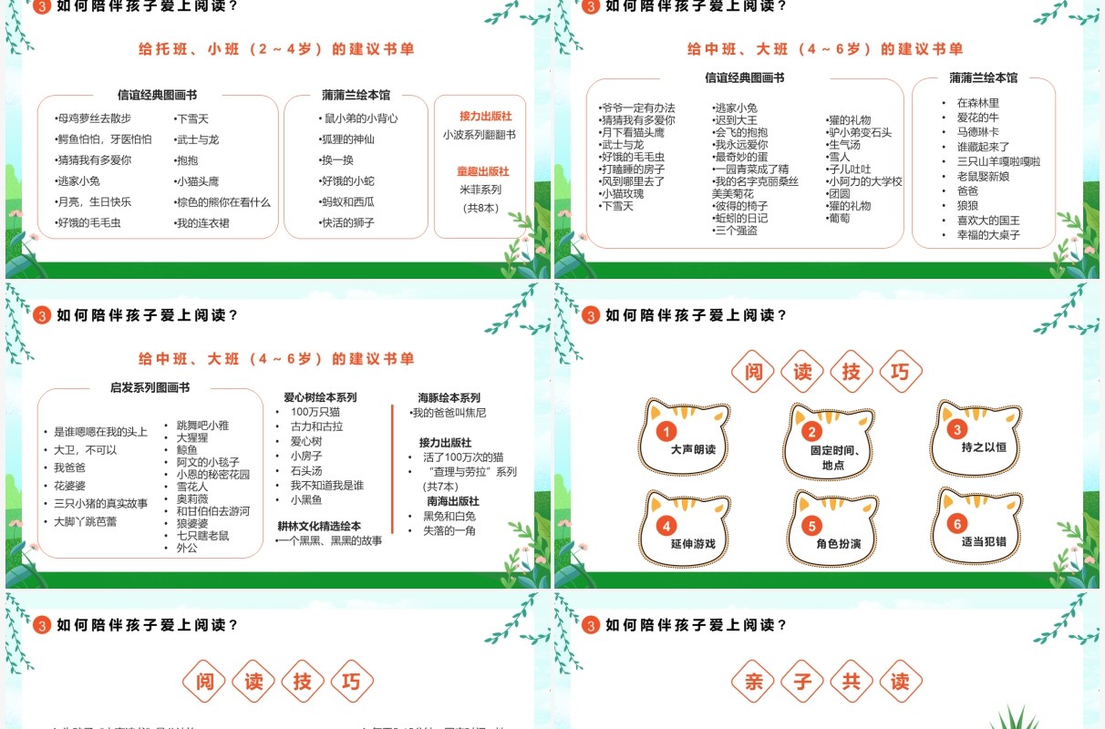绿色卡通风亲子阅读教育PPT动态模板