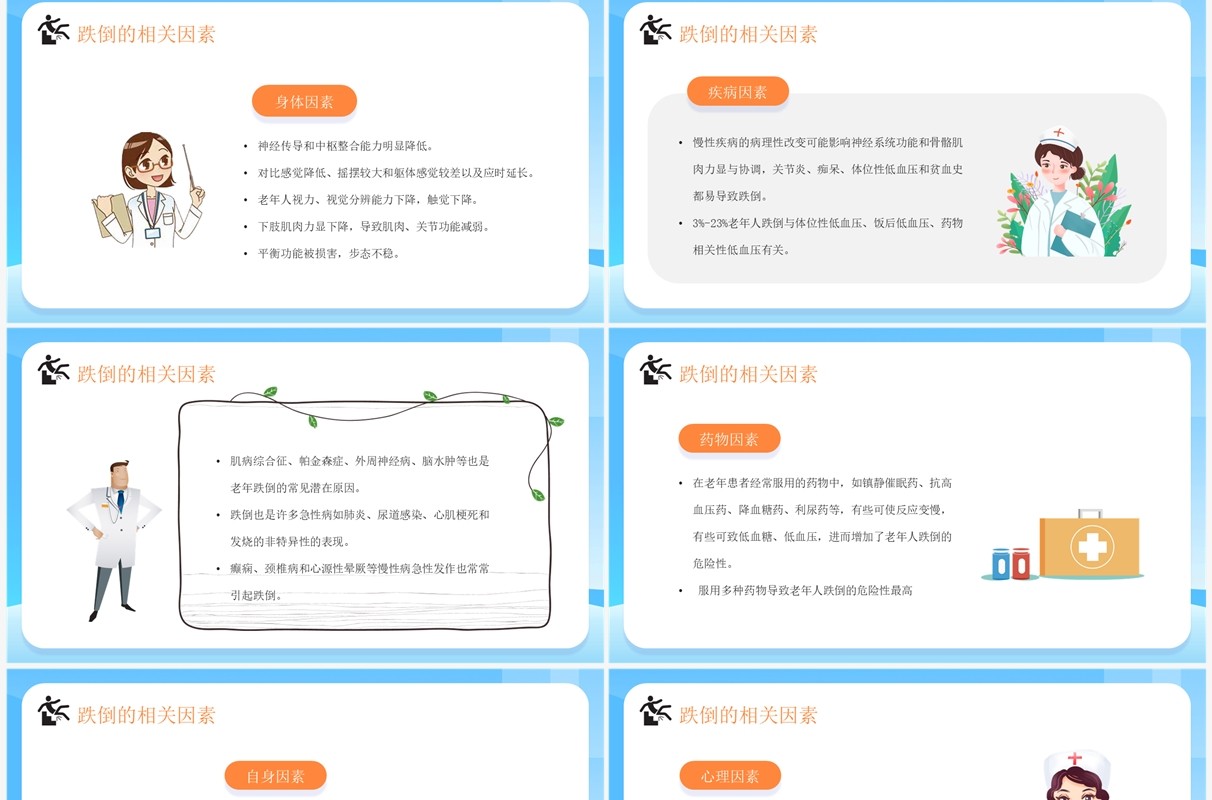 蓝色卡通风老年人预防跌倒和应急处理PPT模板