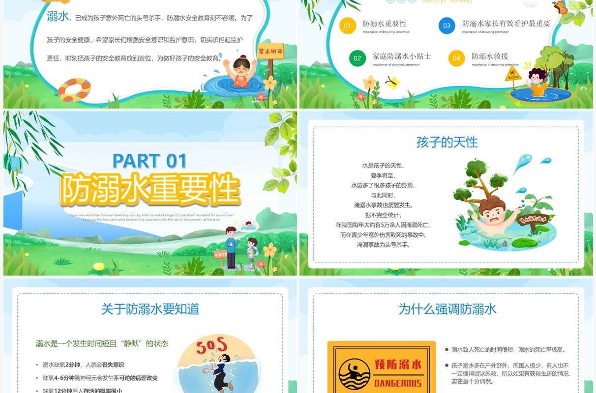 绿色卡通风预防溺水平安成长PPT模板
