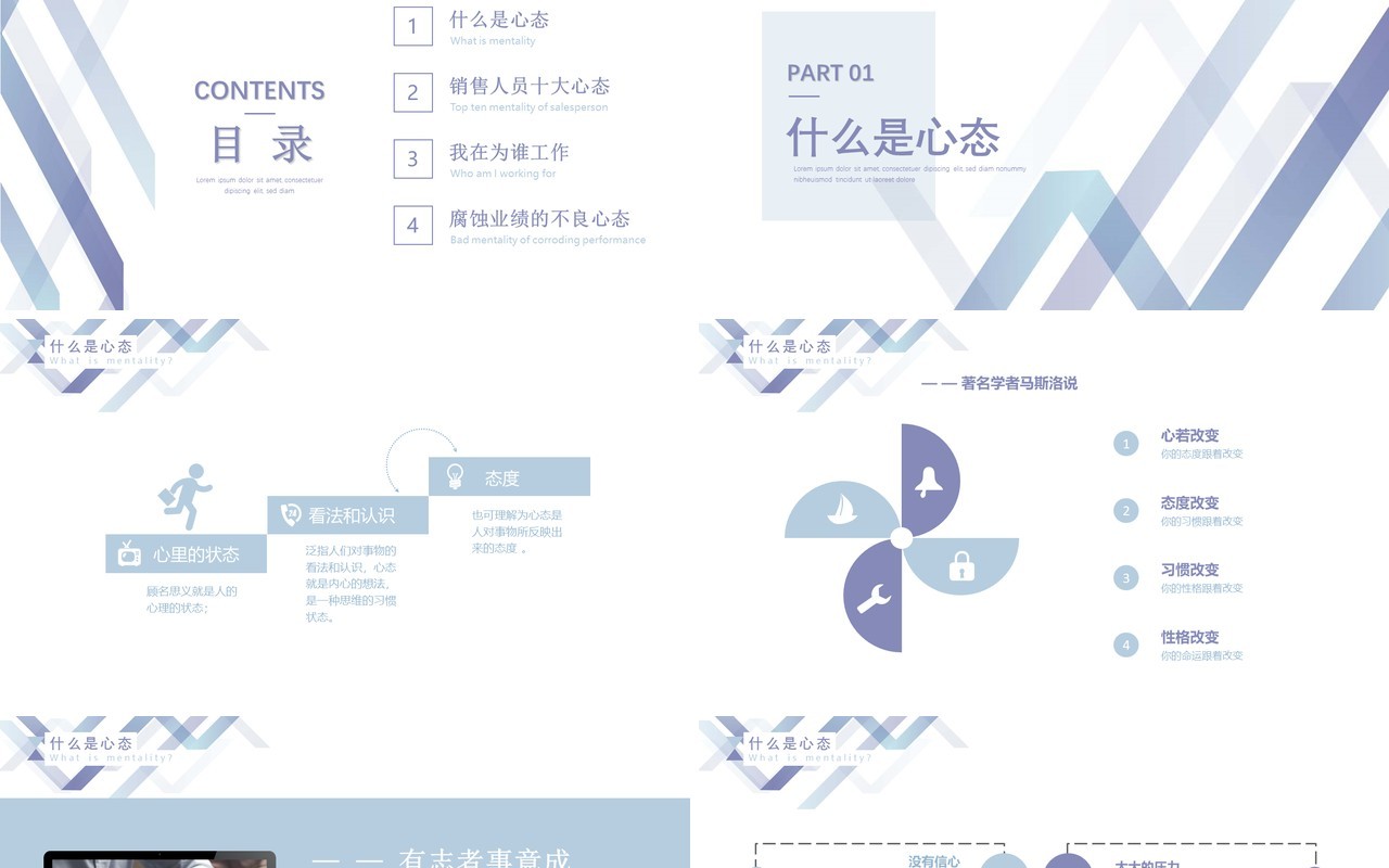 蓝紫色简约风销售人员心态培训PPT模板