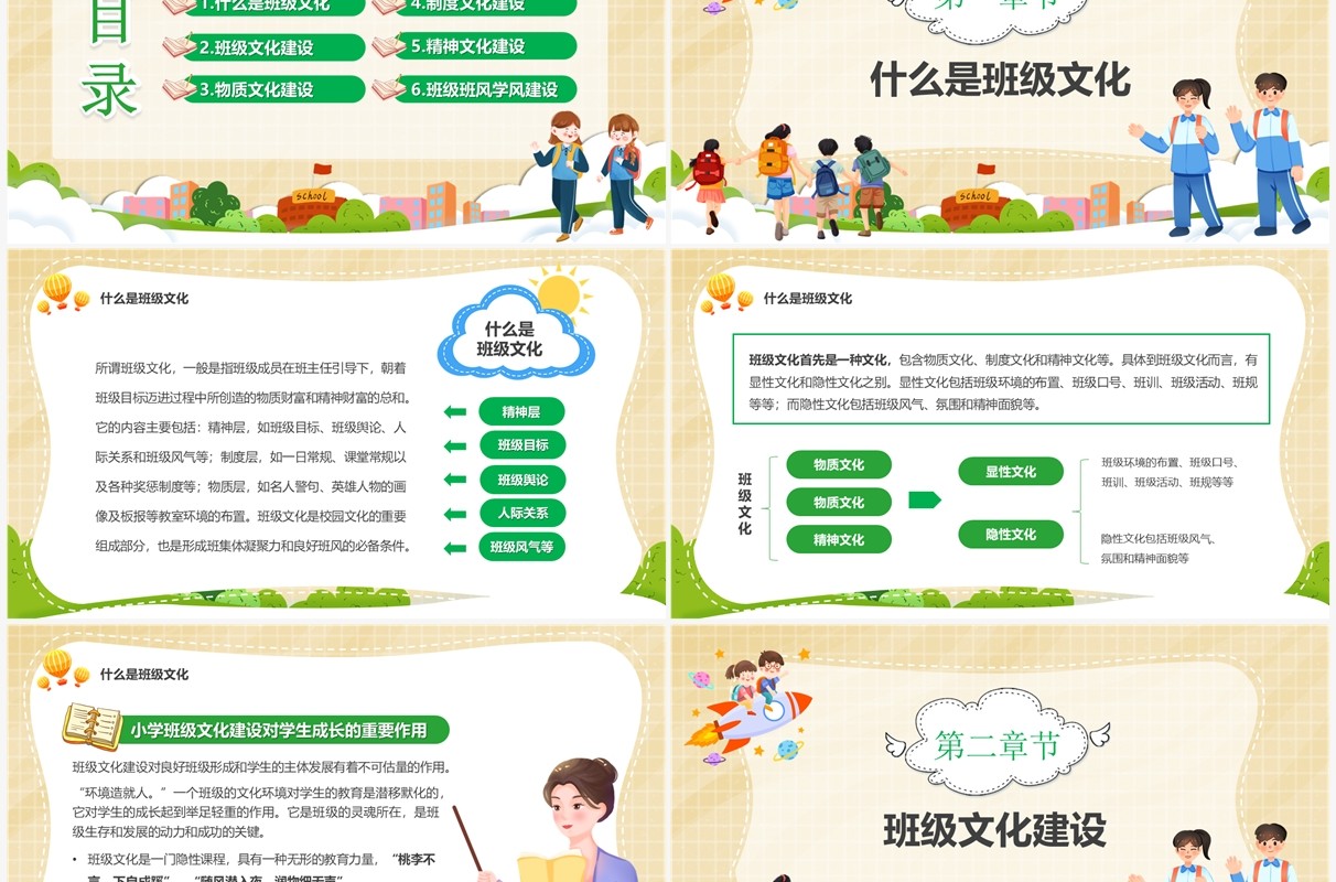 黄色卡通让学生在班级文化欢乐中成长班级建设PPT模板