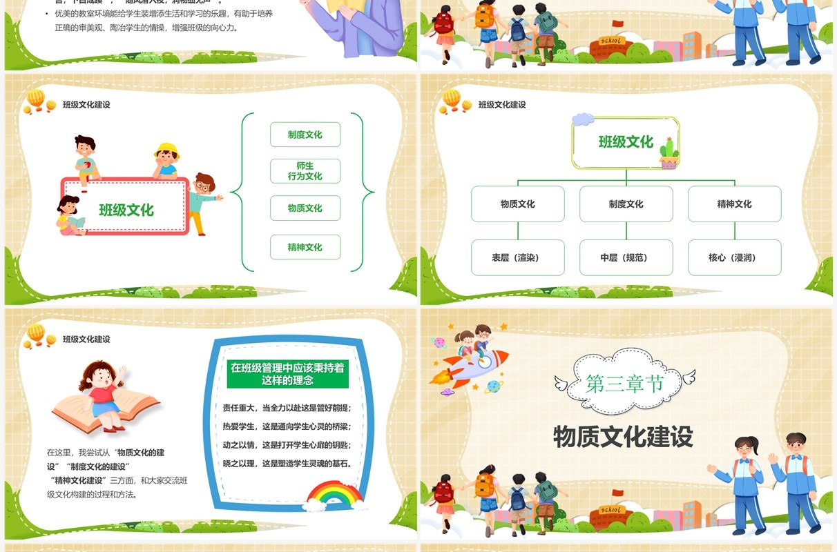 黄色卡通让学生在班级文化欢乐中成长班级建设PPT模板