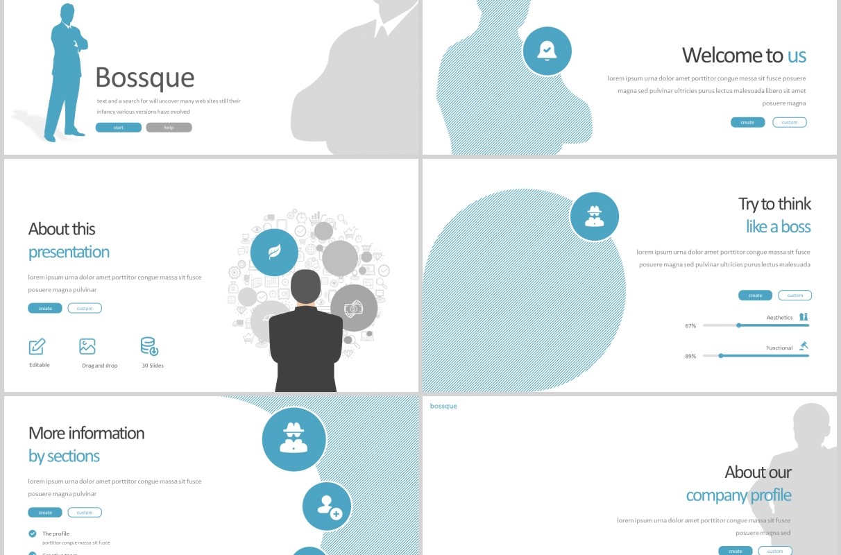蓝色公司团队介绍工作汇报PPT信息图表模板bossque powerpoint template