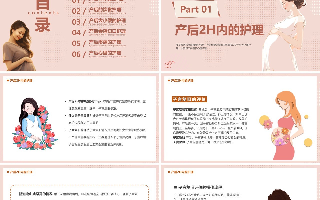 粉色温馨卡通风产后护理培训PPT模板
