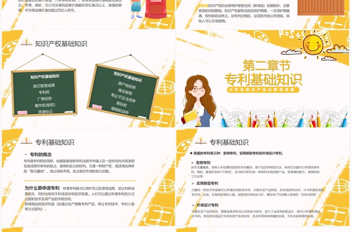 黄色卡通风知识产权进校园PPT模板