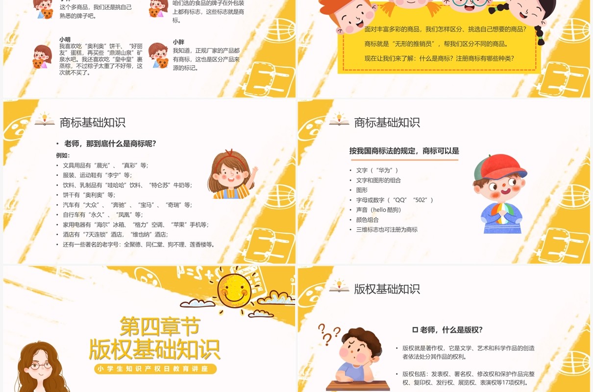 黄色卡通风知识产权进校园PPT模板