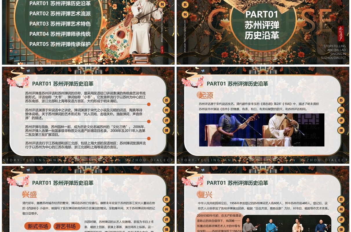 古典插画风非遗系列之苏州评弹艺术PPT模板