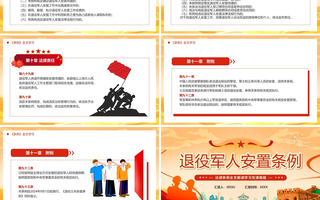 橙色中国风退役军人安置条例PPT模板