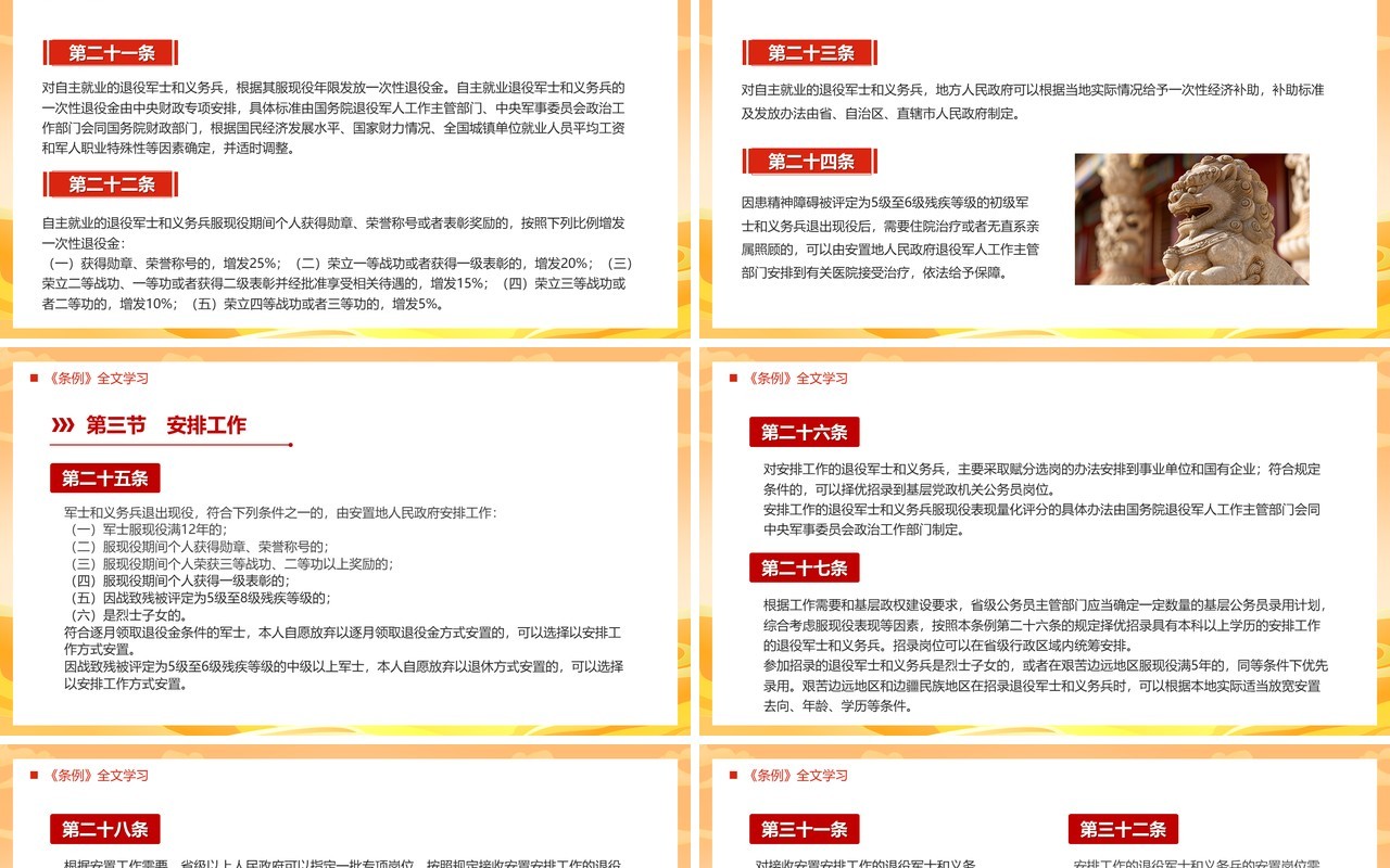 橙色中国风退役军人安置条例PPT模板