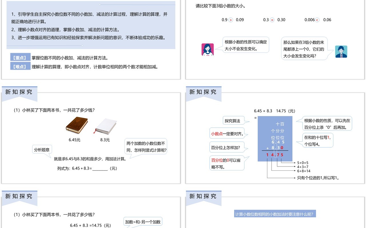部编版四年级数学下册小数位数不同的小数加法课件PPT模板