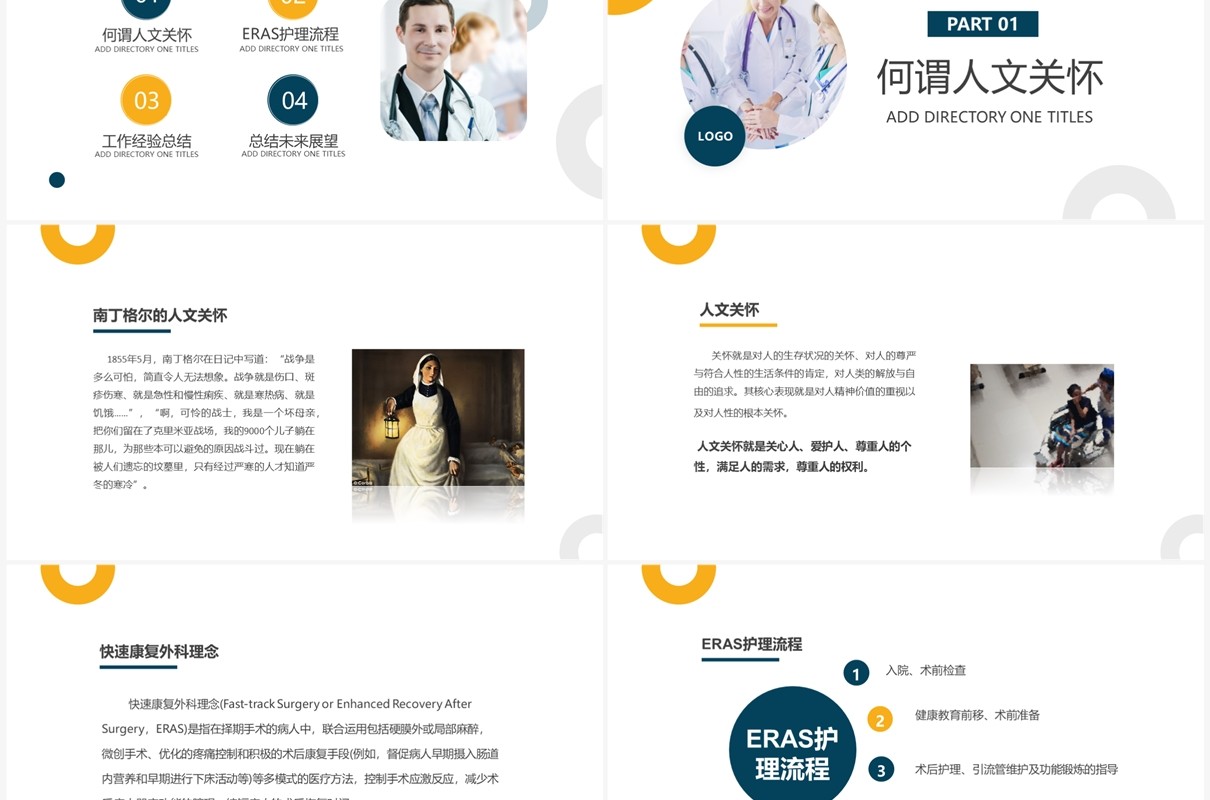 黄蓝简约风医院外围手术人文关怀PPT模板