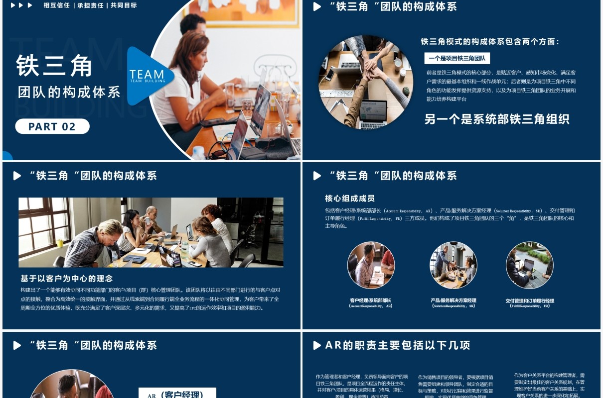 蓝色简约企业管理培训铁三角团队模式PPT模板