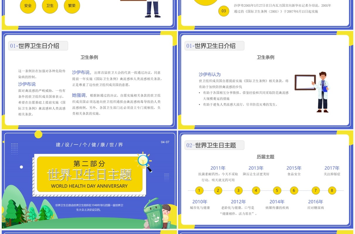 蓝色卡通风世界卫生纪念日知识介绍PPT模板