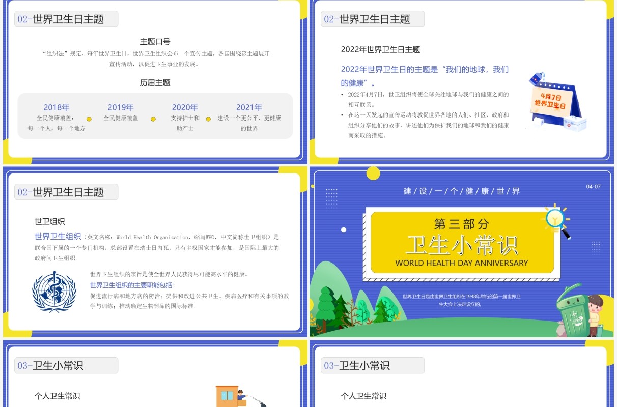 蓝色卡通风世界卫生纪念日知识介绍PPT模板