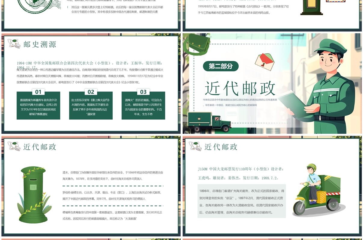 绿色卡通风世界邮政日科普PPT模板