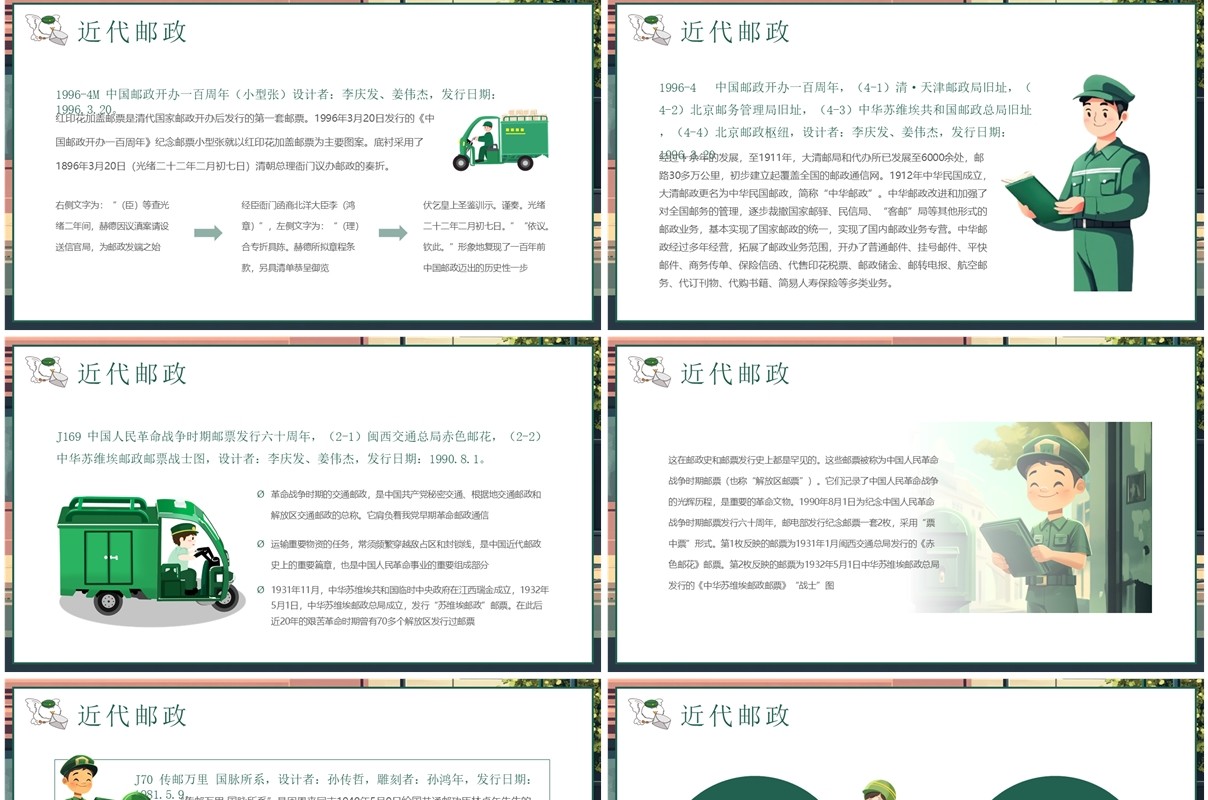 绿色卡通风世界邮政日科普PPT模板