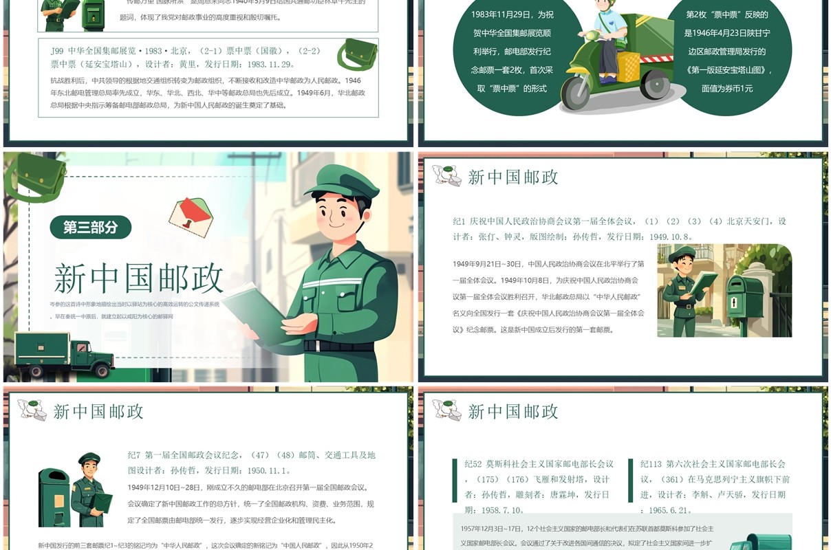 绿色卡通风世界邮政日科普PPT模板