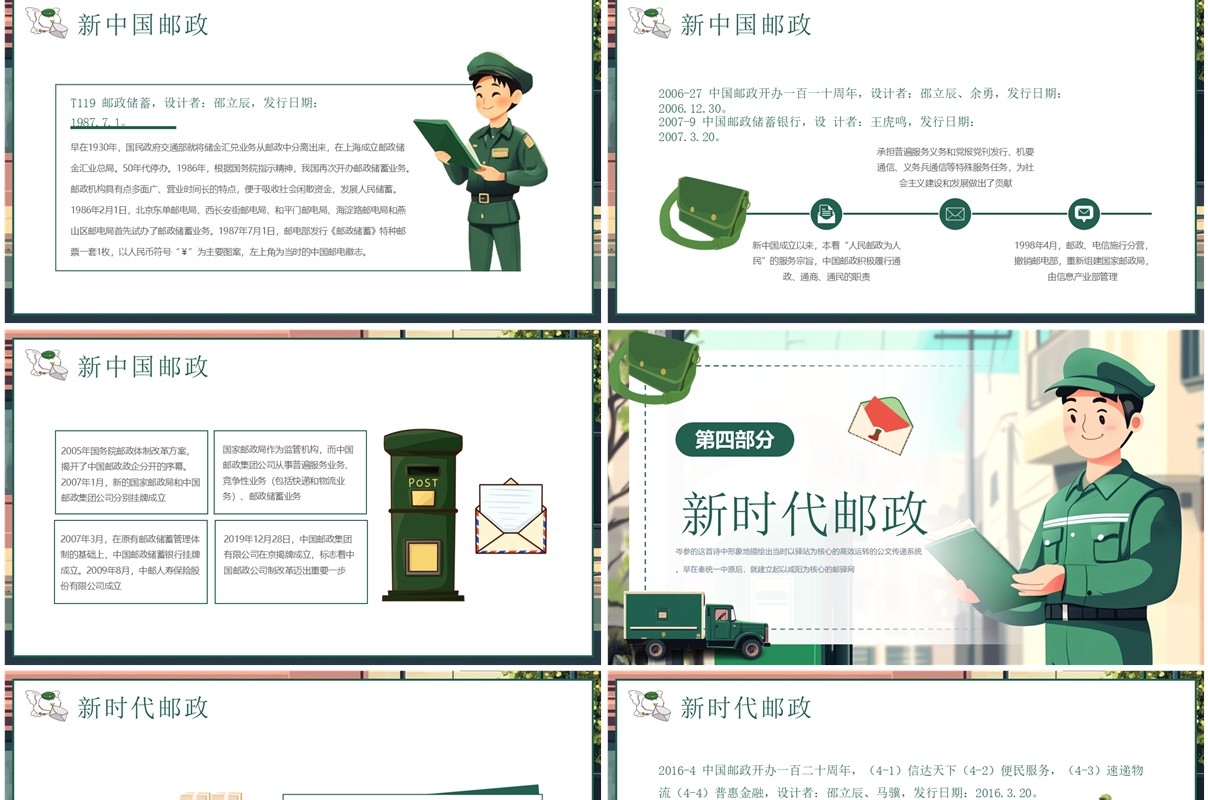 绿色卡通风世界邮政日科普PPT模板